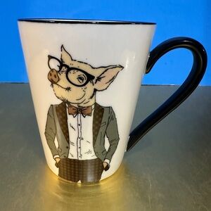 Signature Housewares Stoneware White Mug w/Animal Hipster Pig Illustration 16oz